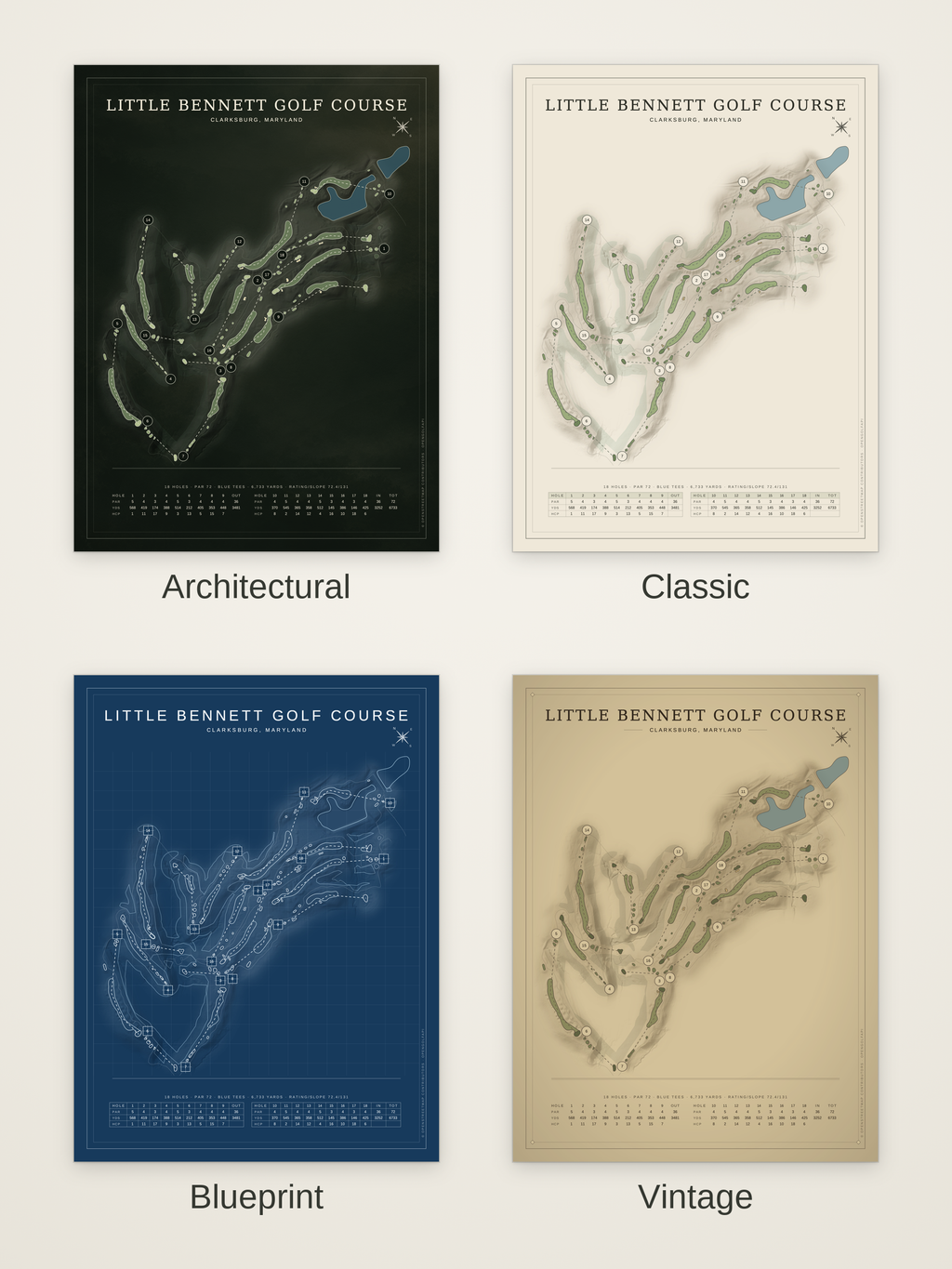 Little Bennett Golf Course map poster in four styles: Architectural, Classic, Blueprint and Vintage