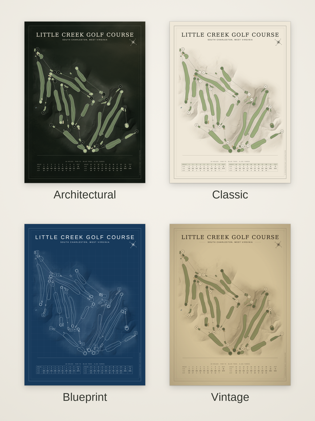 Little Creek Golf Course map poster in four styles: Architectural, Classic, Blueprint and Vintage