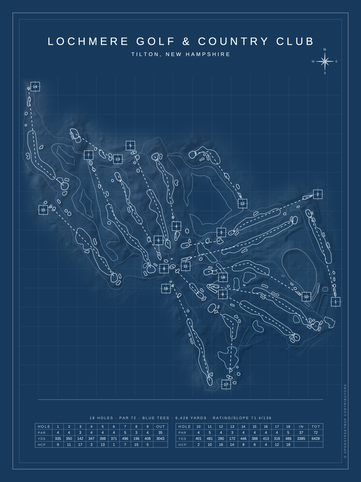 Lochmere Golf & Country Club course map poster, Blueprint style, 12×16 / 18×24