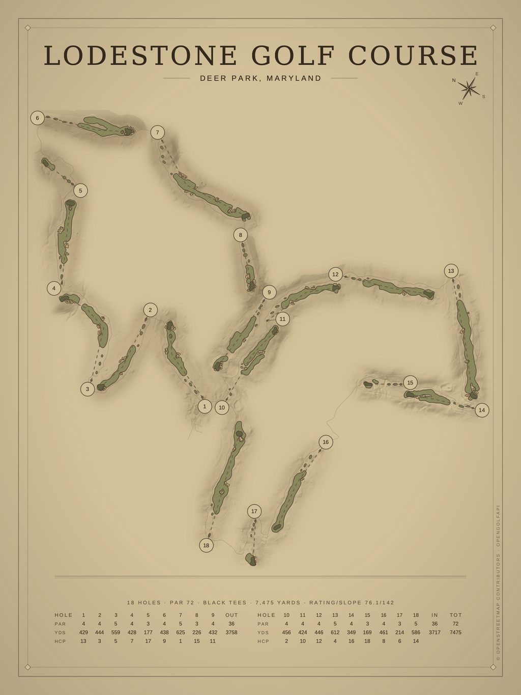 Lodestone Golf Course map poster, Vintage style, 12×16 / 18×24