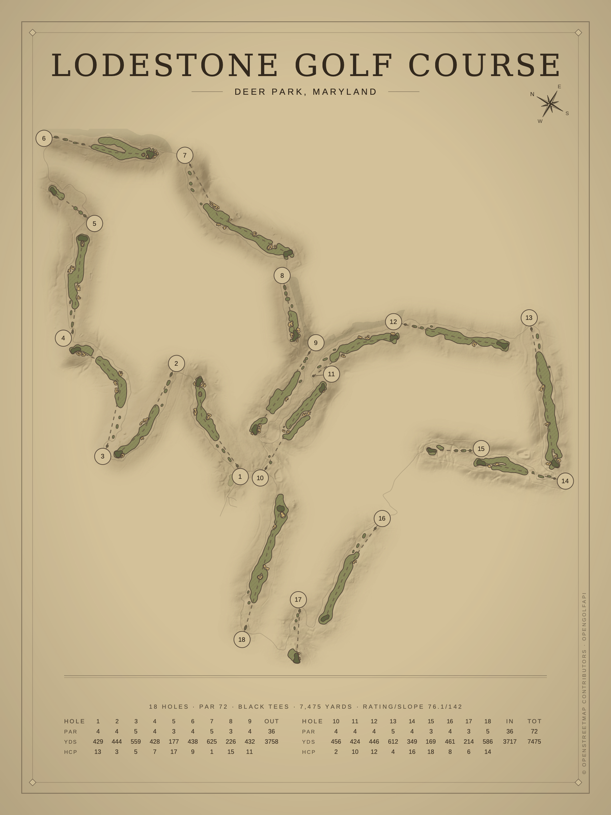 Lodestone Golf Course map poster, Vintage style, 12×16 / 18×24
