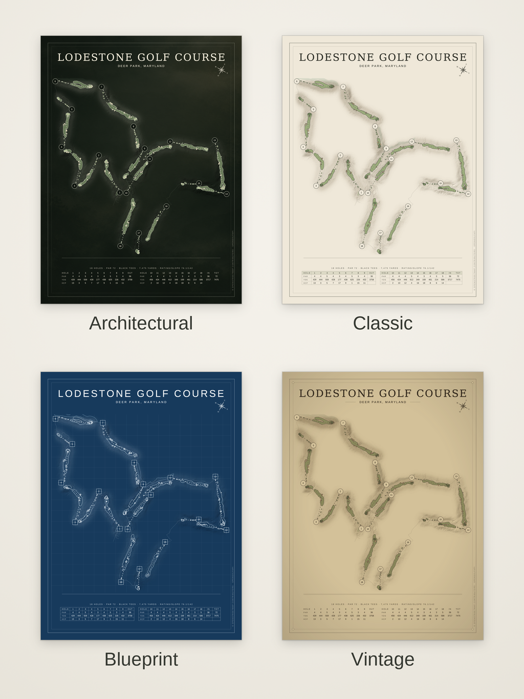 Lodestone Golf Course map poster in four styles: Architectural, Classic, Blueprint and Vintage