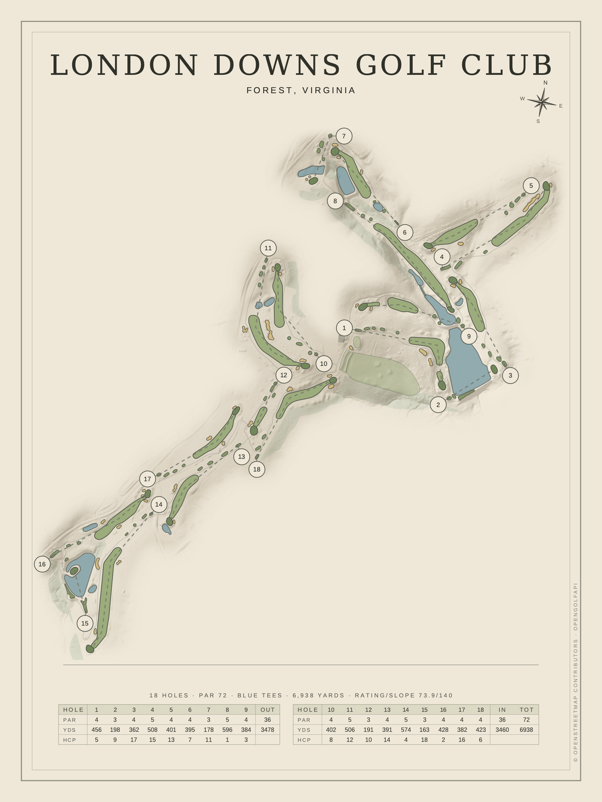 London Downs Golf Club course map poster, Classic style, 12×16 / 18×24