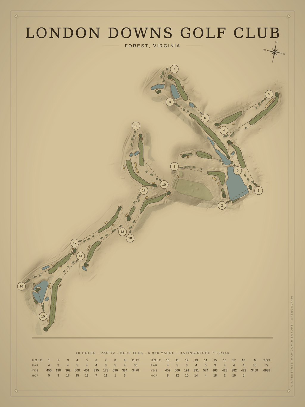 London Downs Golf Club course map poster, Vintage style, 12×16 / 18×24