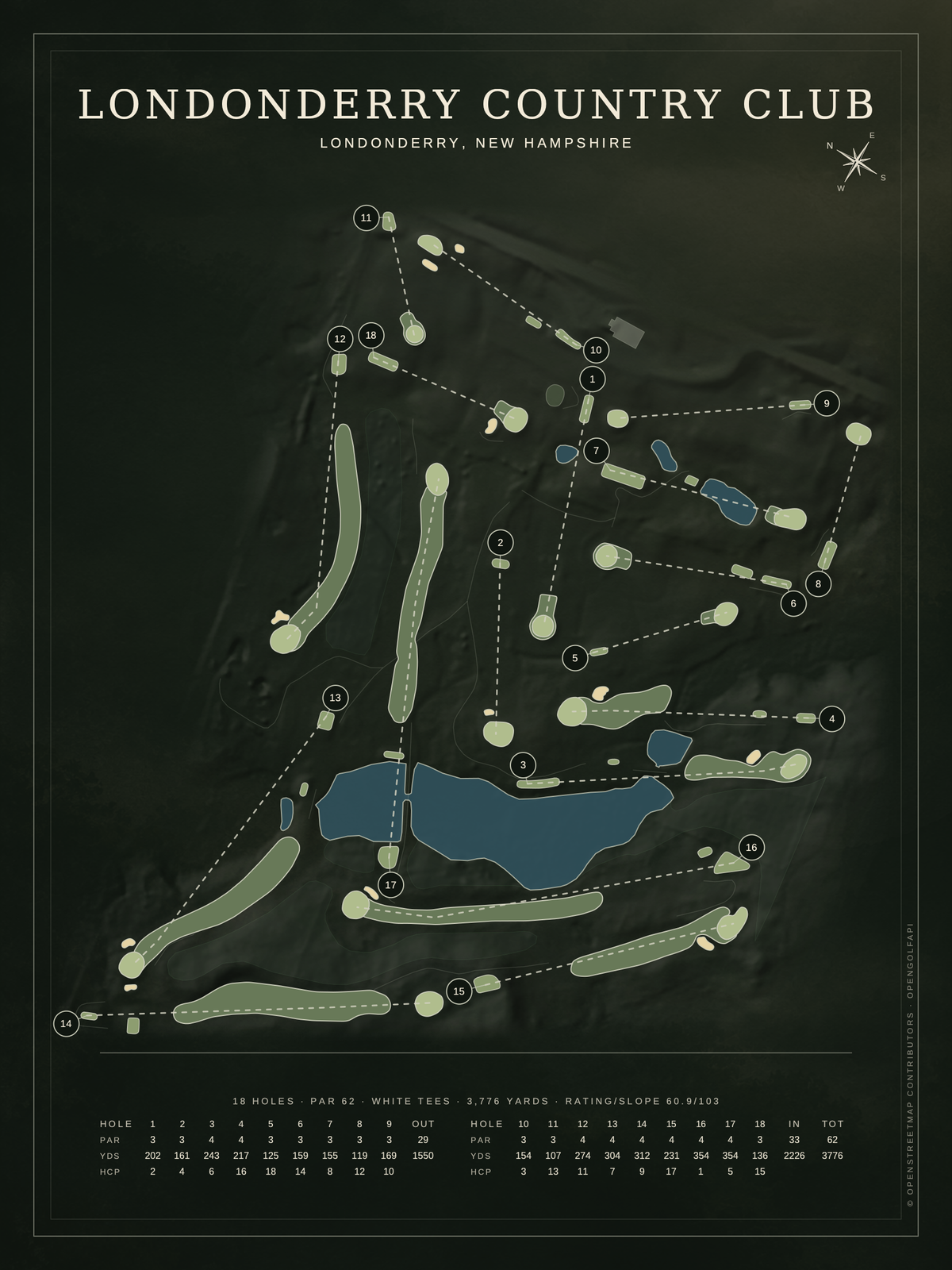 Londonderry Country Club course map poster, Architectural style, 12×16 / 18×24