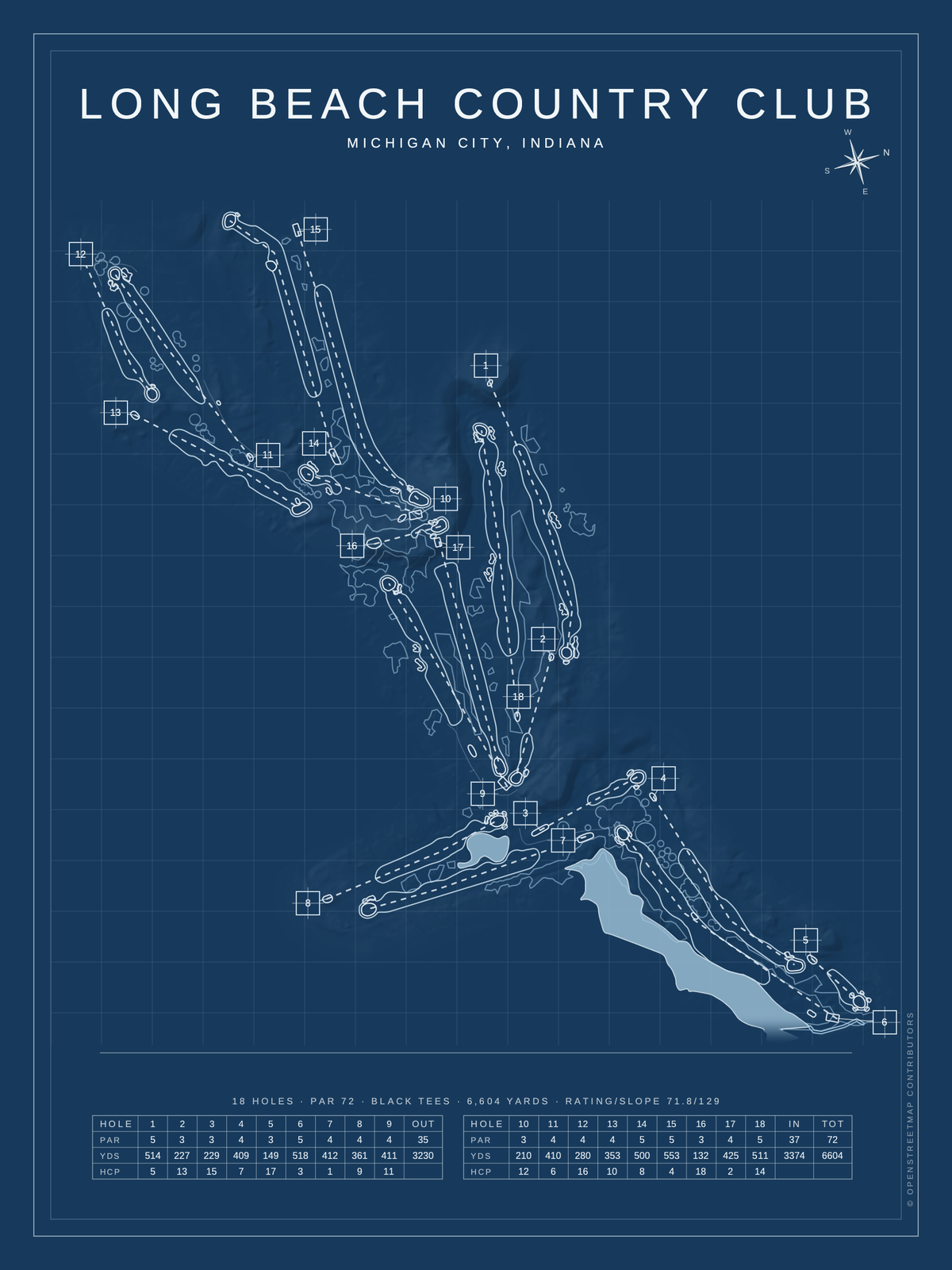Long Beach Country Club course map poster, Blueprint style, 12×16 / 18×24