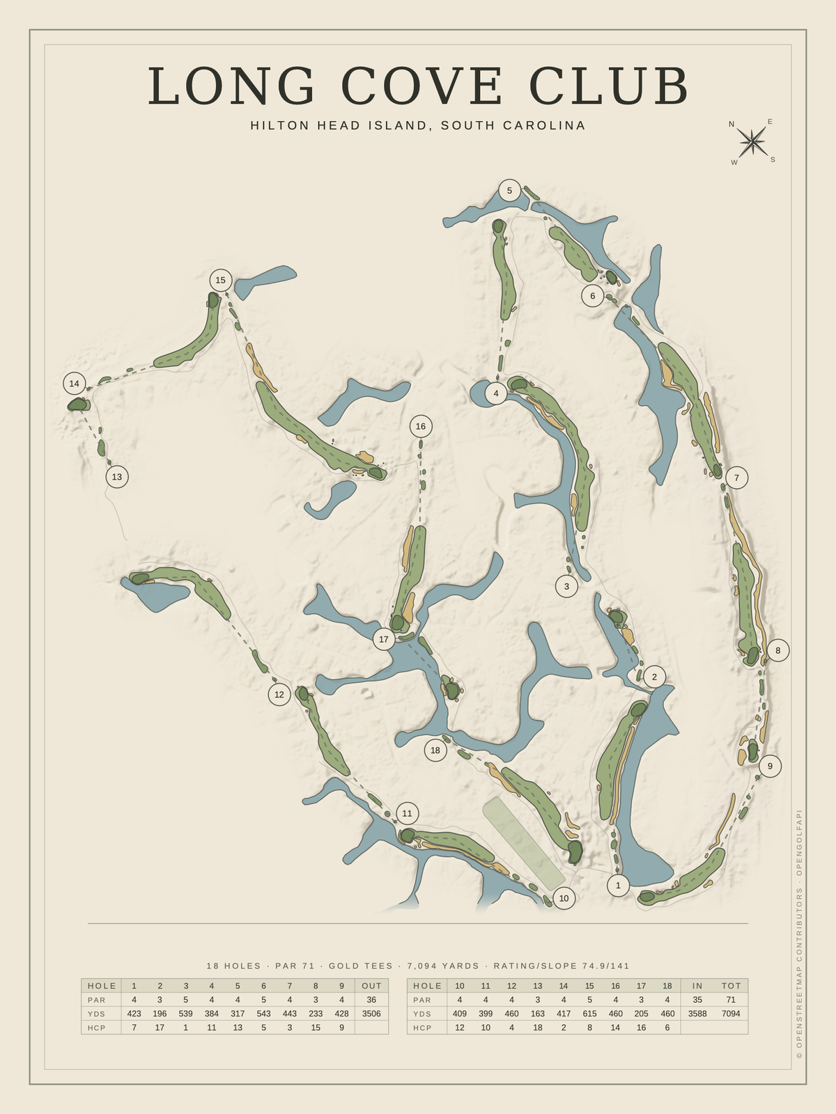 Long Cove Club course map poster, Classic style, 12×16 / 18×24