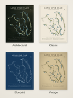 Long Cove Club course map poster in four styles: Architectural, Classic, Blueprint and Vintage