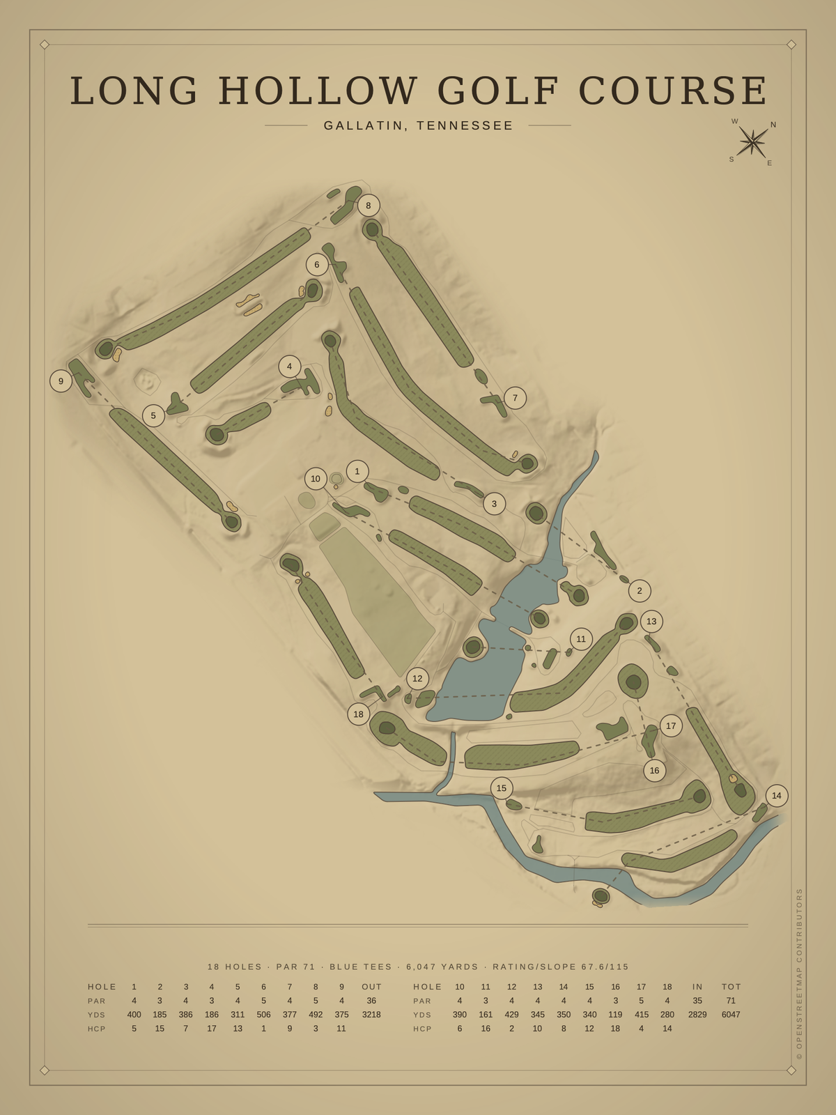 Long Hollow Golf Course map poster, Vintage style, 12×16 / 18×24
