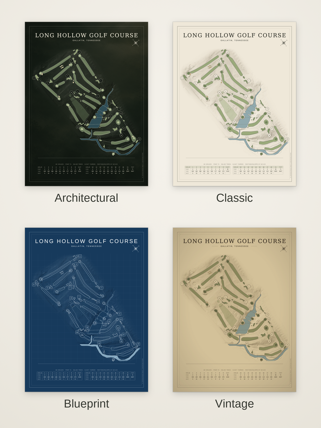 Long Hollow Golf Course map poster in four styles: Architectural, Classic, Blueprint and Vintage