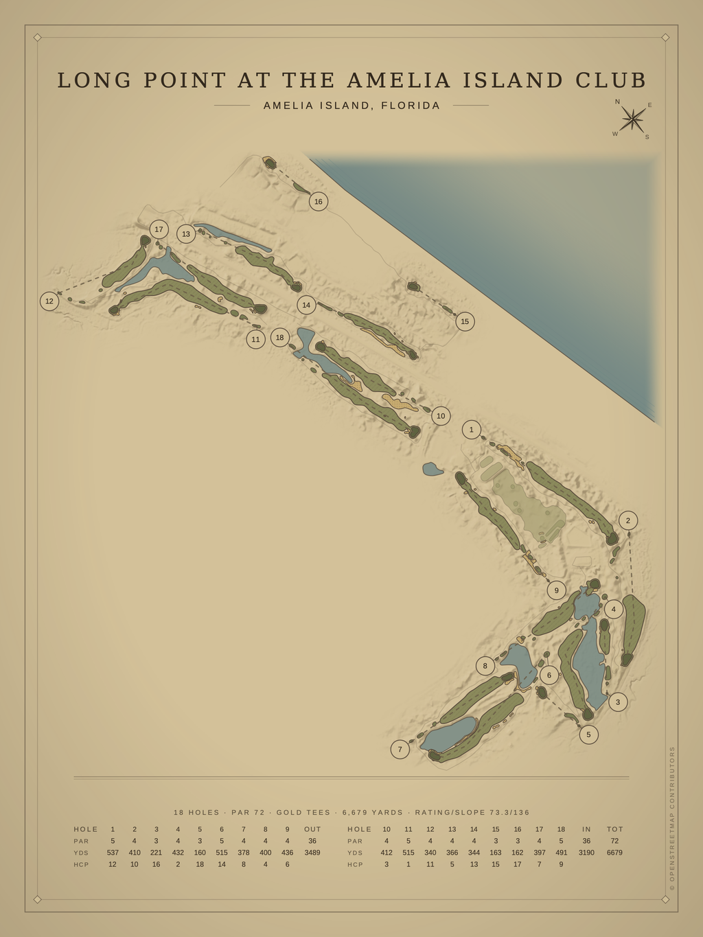 Long Point at The Amelia Island Club course map poster, Vintage style, 12×16 / 18×24