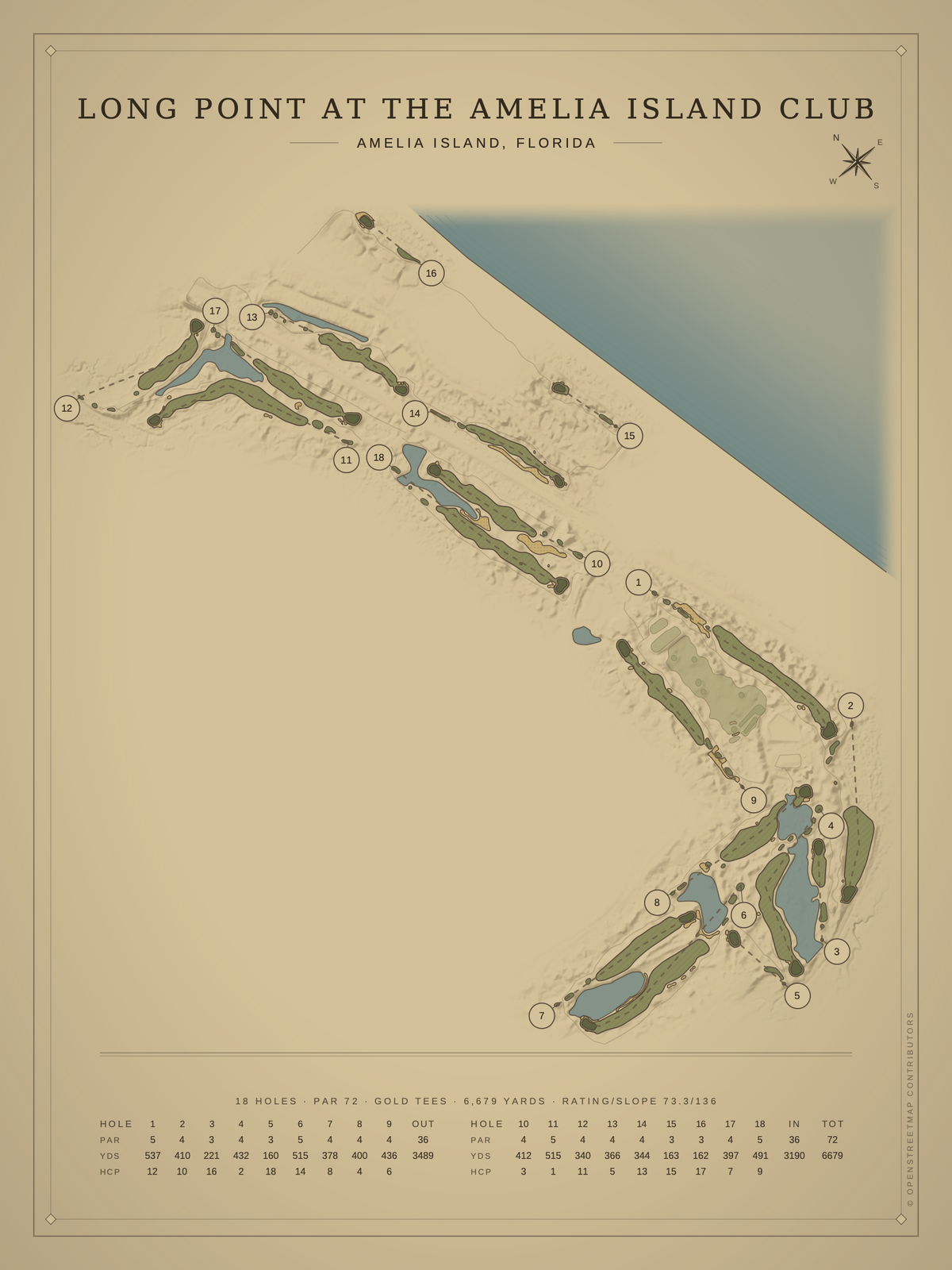 Long Point at The Amelia Island Club course map poster, Vintage style, 12×16 / 18×24