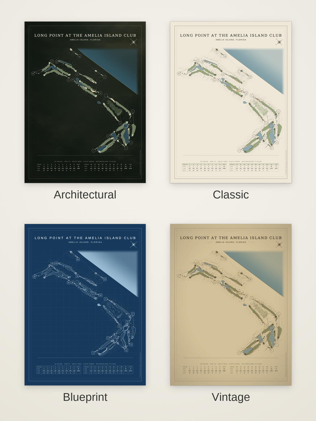 Long Point at The Amelia Island Club course map poster in four styles: Architectural, Classic, Blueprint and Vintage