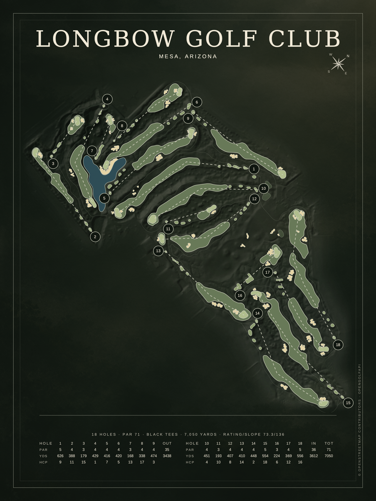 Longbow Golf Club course map poster, Architectural style, 12×16 / 18×24