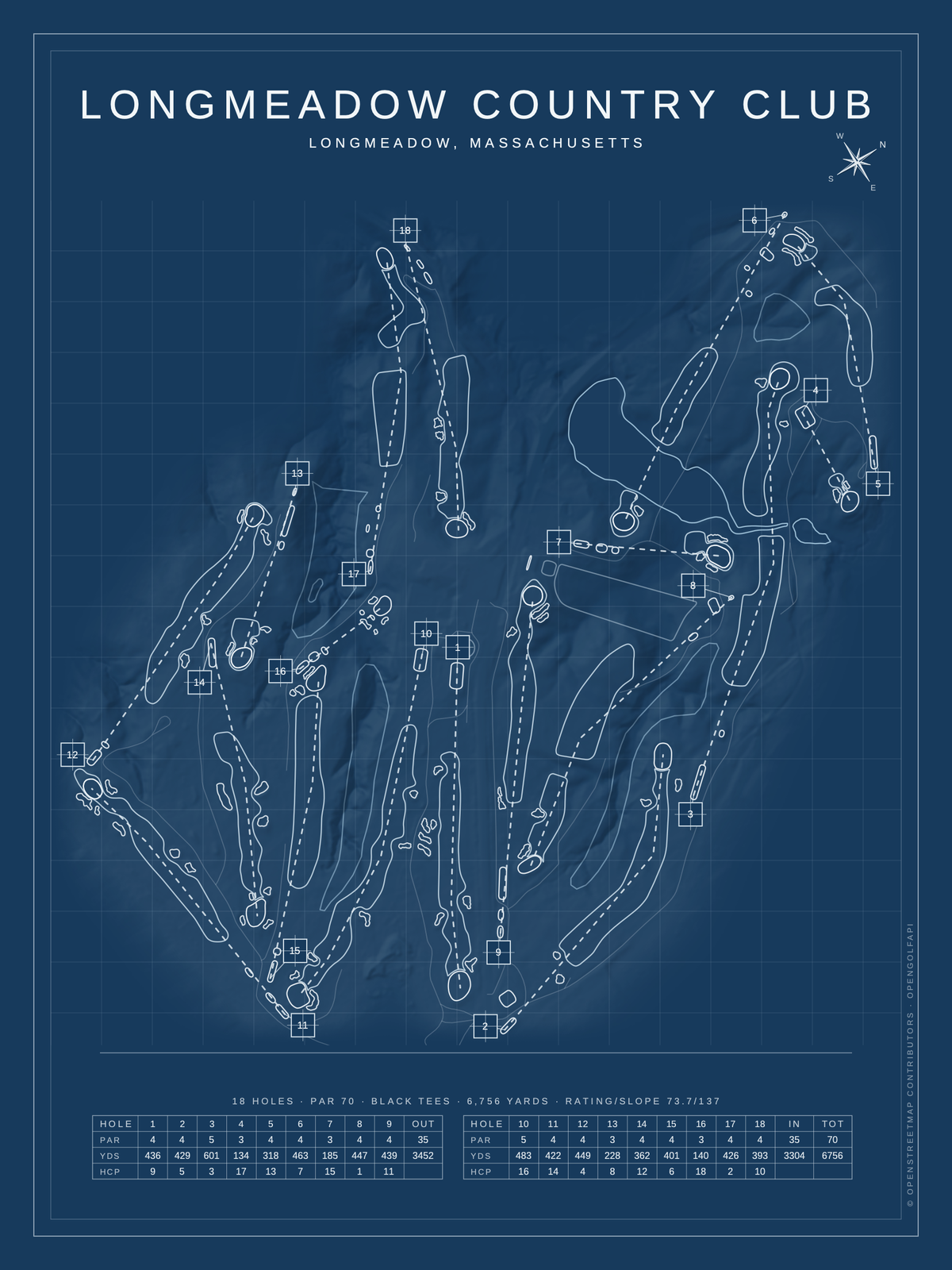 Longmeadow Country Club course map poster, Blueprint style, 12×16 / 18×24
