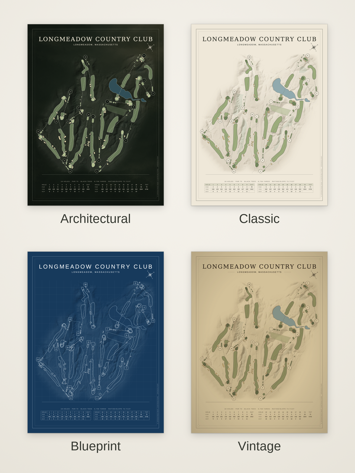 Longmeadow Country Club course map poster in four styles: Architectural, Classic, Blueprint and Vintage