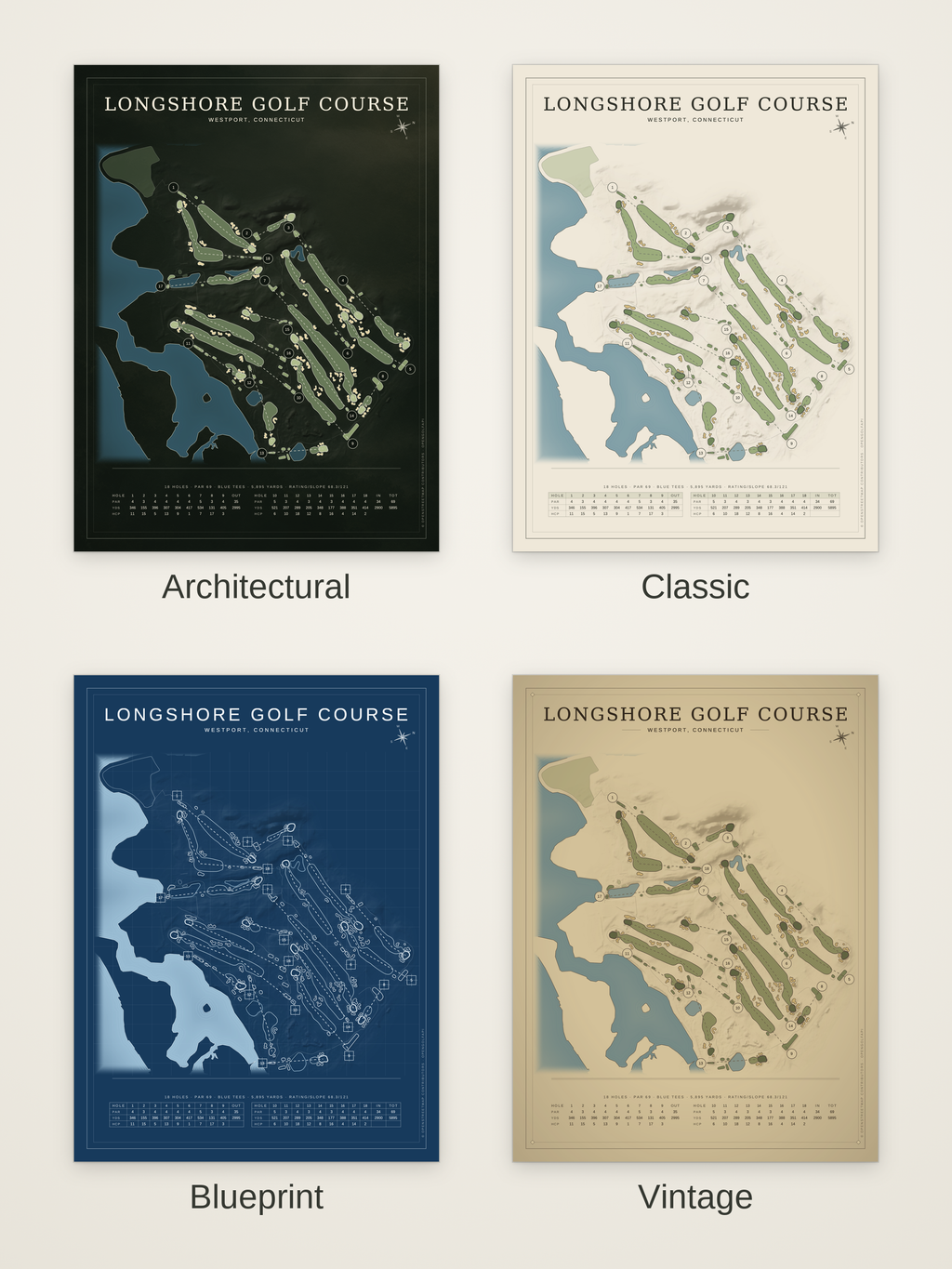 Longshore Golf Course map poster in four styles: Architectural, Classic, Blueprint and Vintage