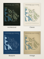 Longshore Golf Course map poster in four styles: Architectural, Classic, Blueprint and Vintage