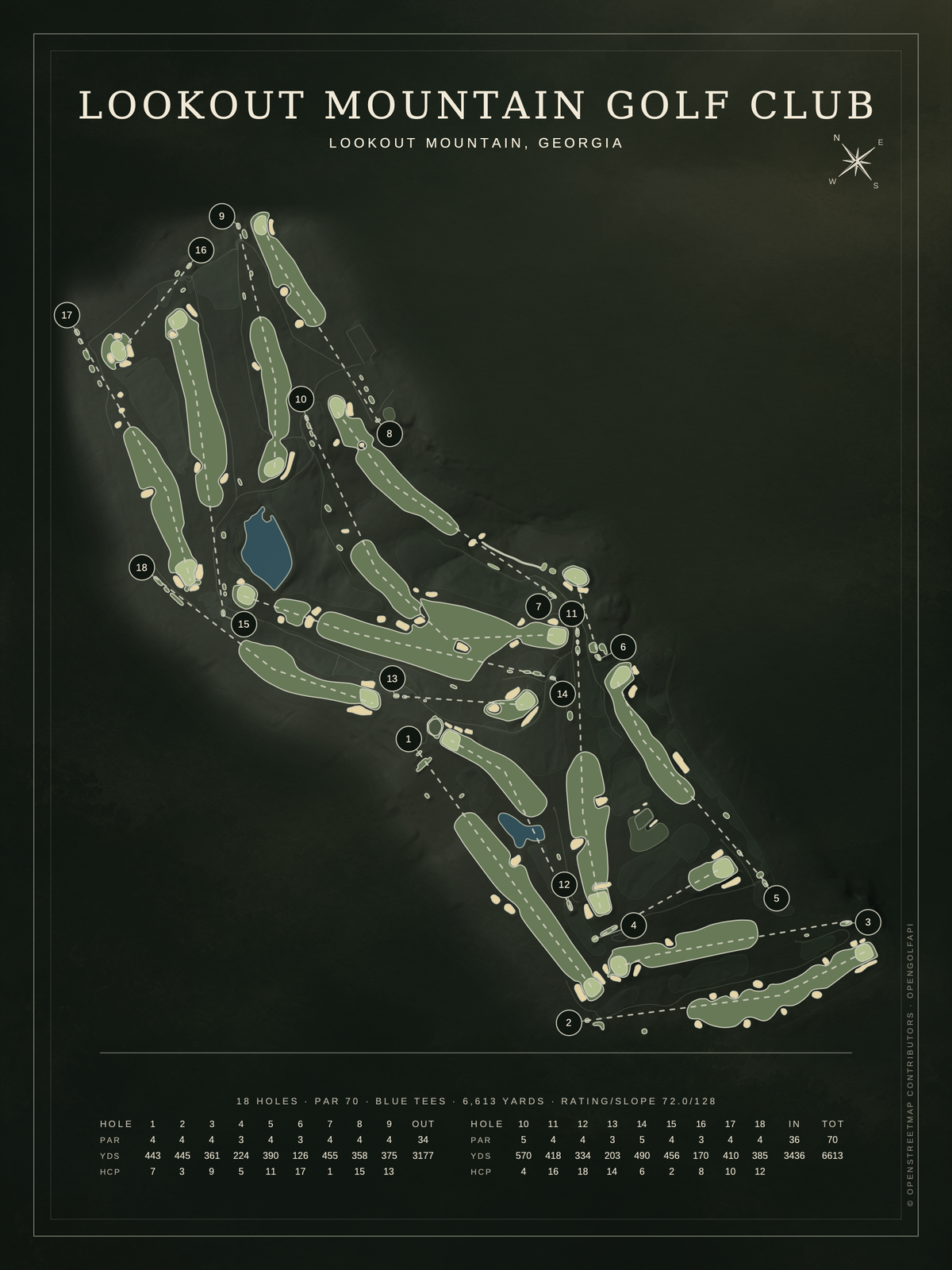 Lookout Mountain Golf Club course map poster, Architectural style, 12×16 / 18×24