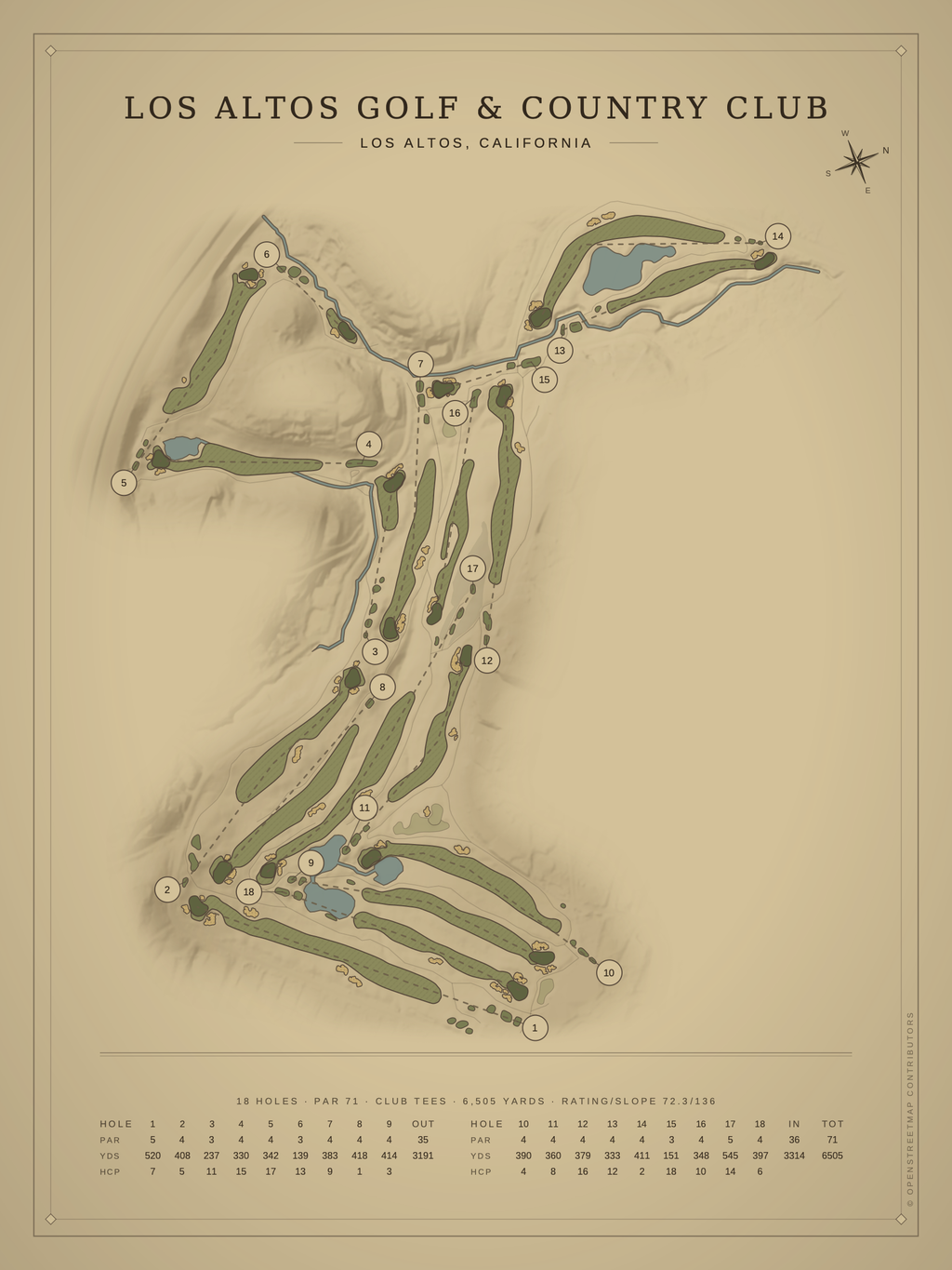 Los Altos Golf & Country Club course map poster, Vintage style, 12×16 / 18×24