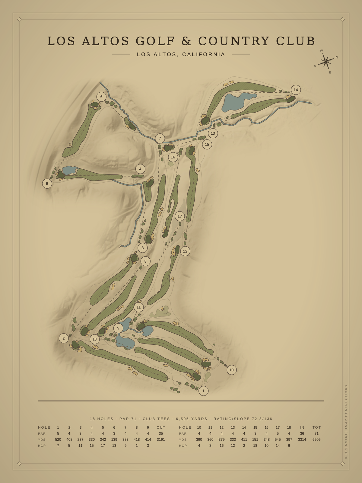 Los Altos Golf & Country Club course map poster, Vintage style, 12×16 / 18×24