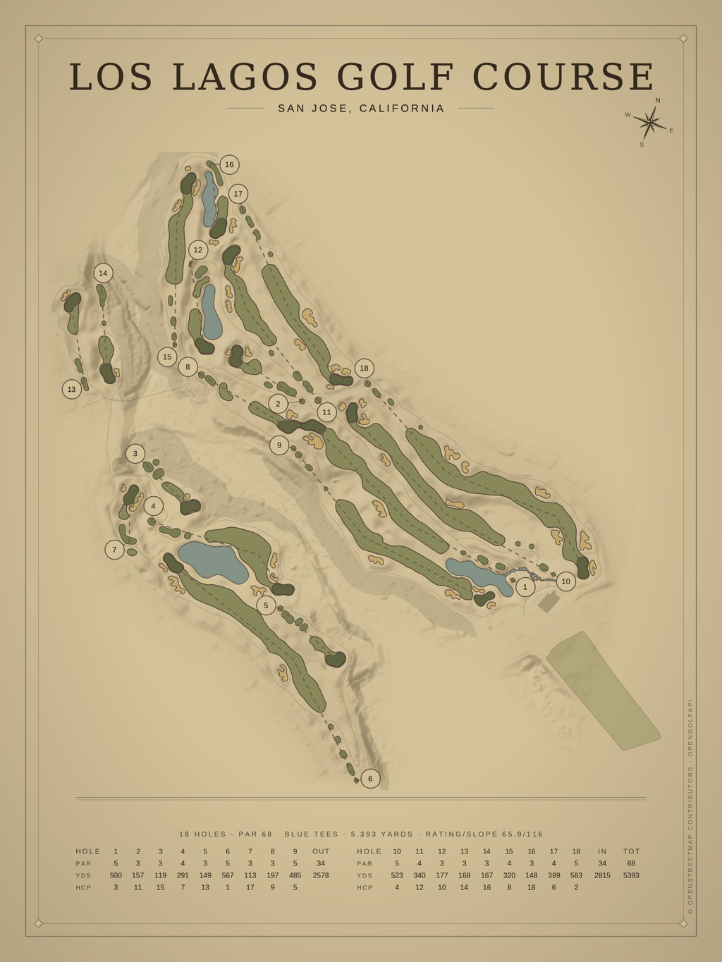 Los Lagos Golf Course map poster, Vintage style, 12×16 / 18×24