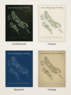 Los Lagos Golf Course map poster in four styles: Architectural, Classic, Blueprint and Vintage