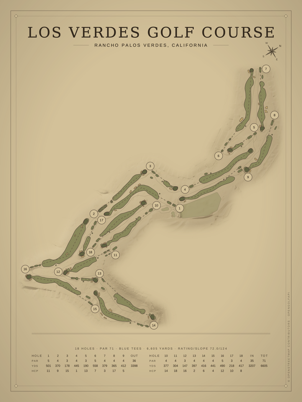 Los Verdes Golf Course map poster, Vintage style, 12×16 / 18×24