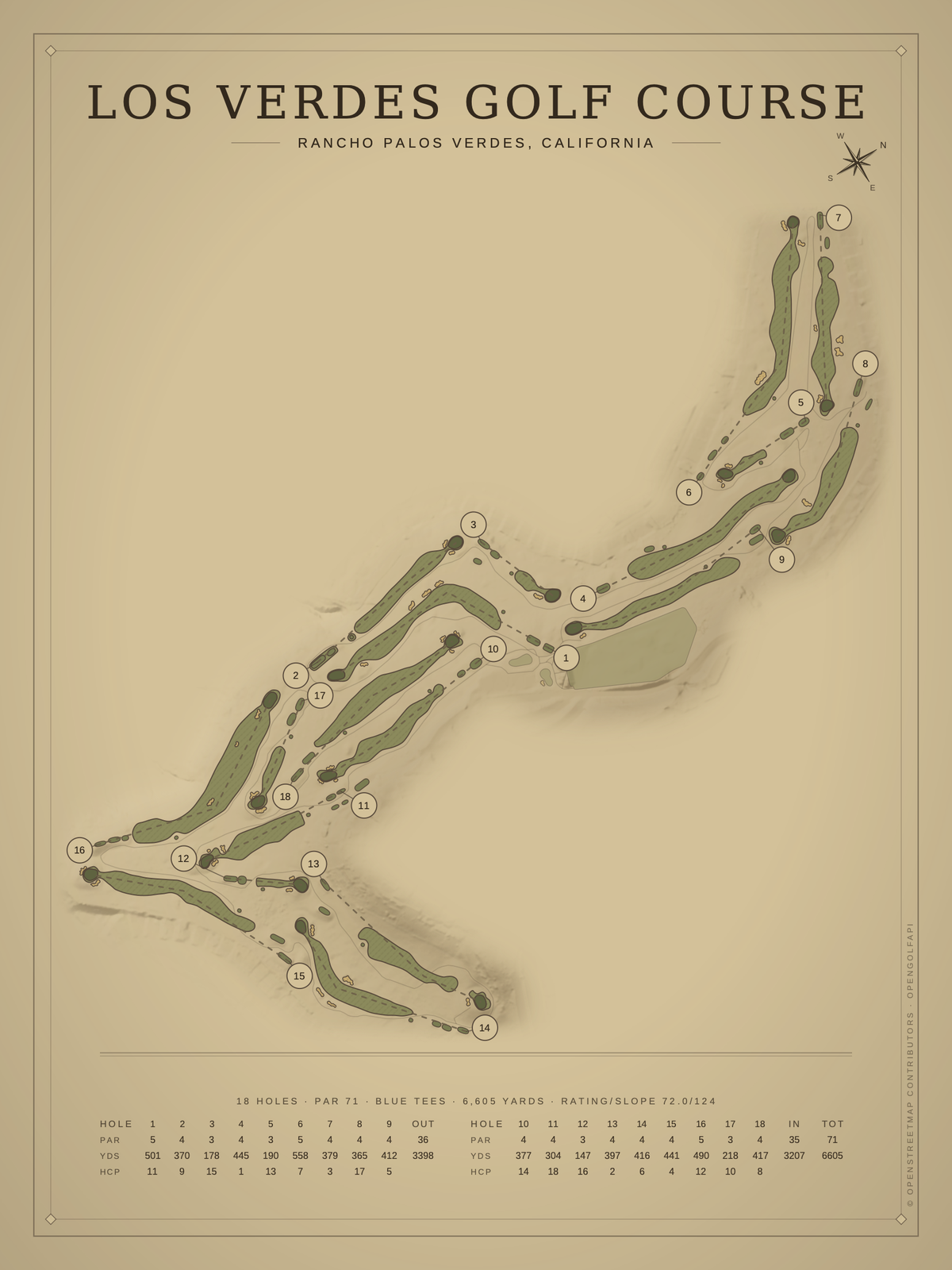 Los Verdes Golf Course map poster, Vintage style, 12×16 / 18×24