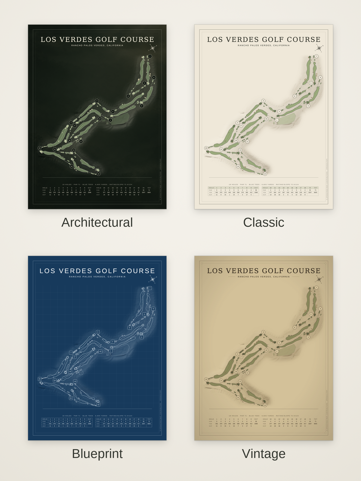 Los Verdes Golf Course map poster in four styles: Architectural, Classic, Blueprint and Vintage