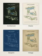 Lost Dunes course map poster in four styles: Architectural, Classic, Blueprint and Vintage