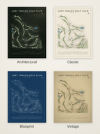 Lost Tracks Golf Club course map poster in four styles: Architectural, Classic, Blueprint and Vintage