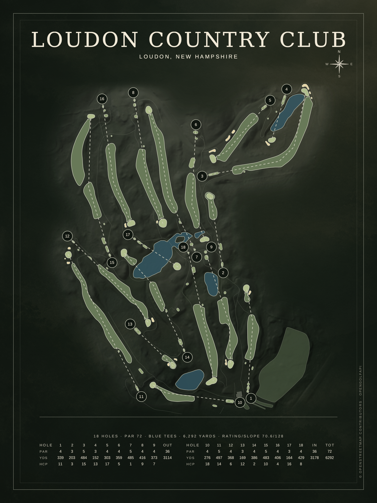 Loudon Country Club course map poster, Architectural style, 12×16 / 18×24