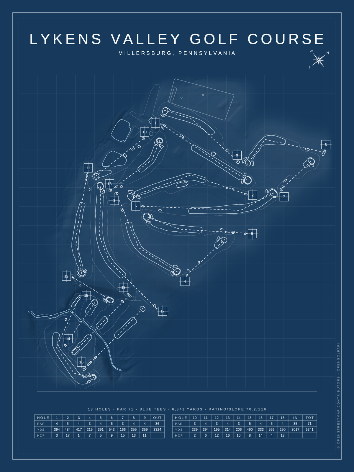 Lykens Valley Golf Course map poster, Blueprint style, 12×16 / 18×24