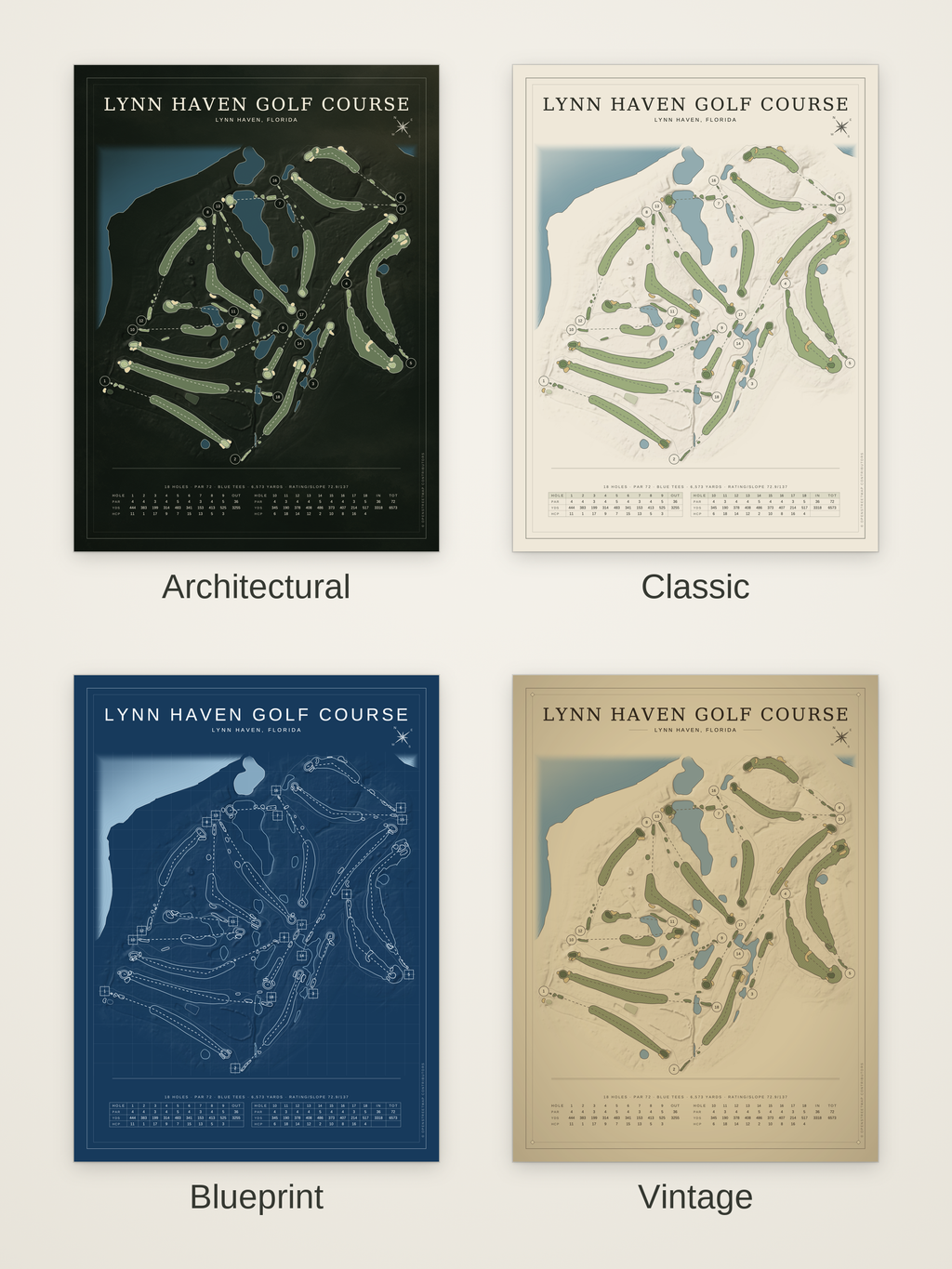 Lynn Haven Golf Course map poster in four styles: Architectural, Classic, Blueprint and Vintage