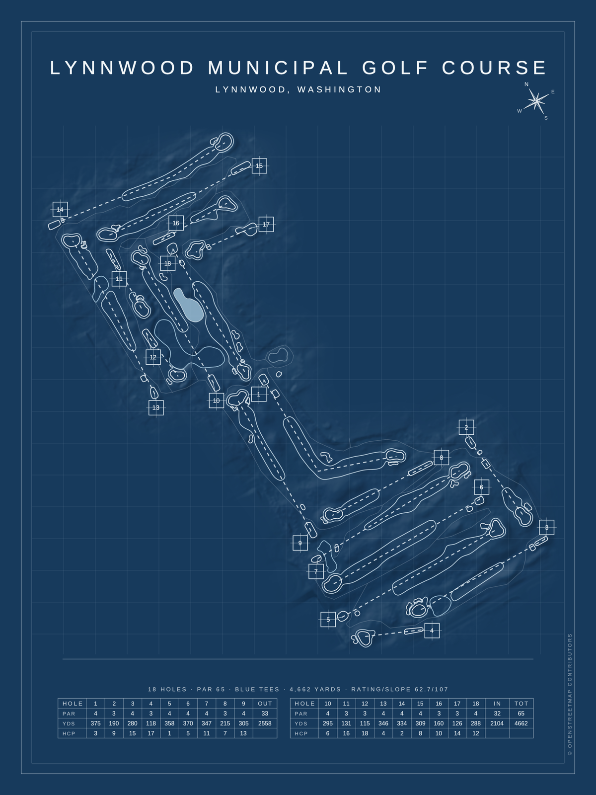 Lynnwood Municipal Golf Course map poster, Blueprint style, 12×16 / 18×24