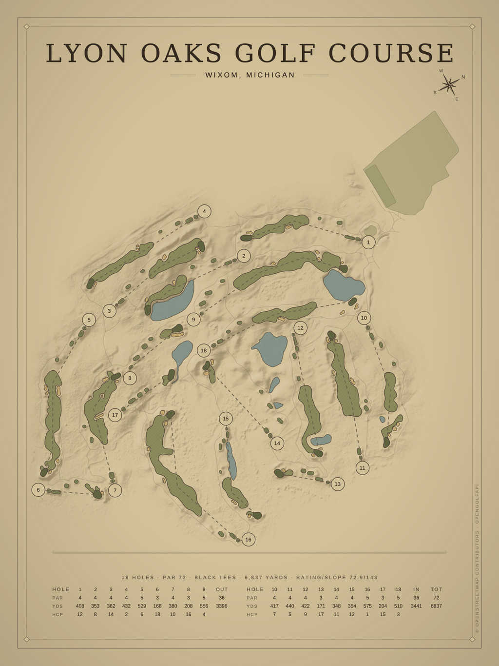Lyon Oaks Golf Course map poster, Vintage style, 12×16 / 18×24