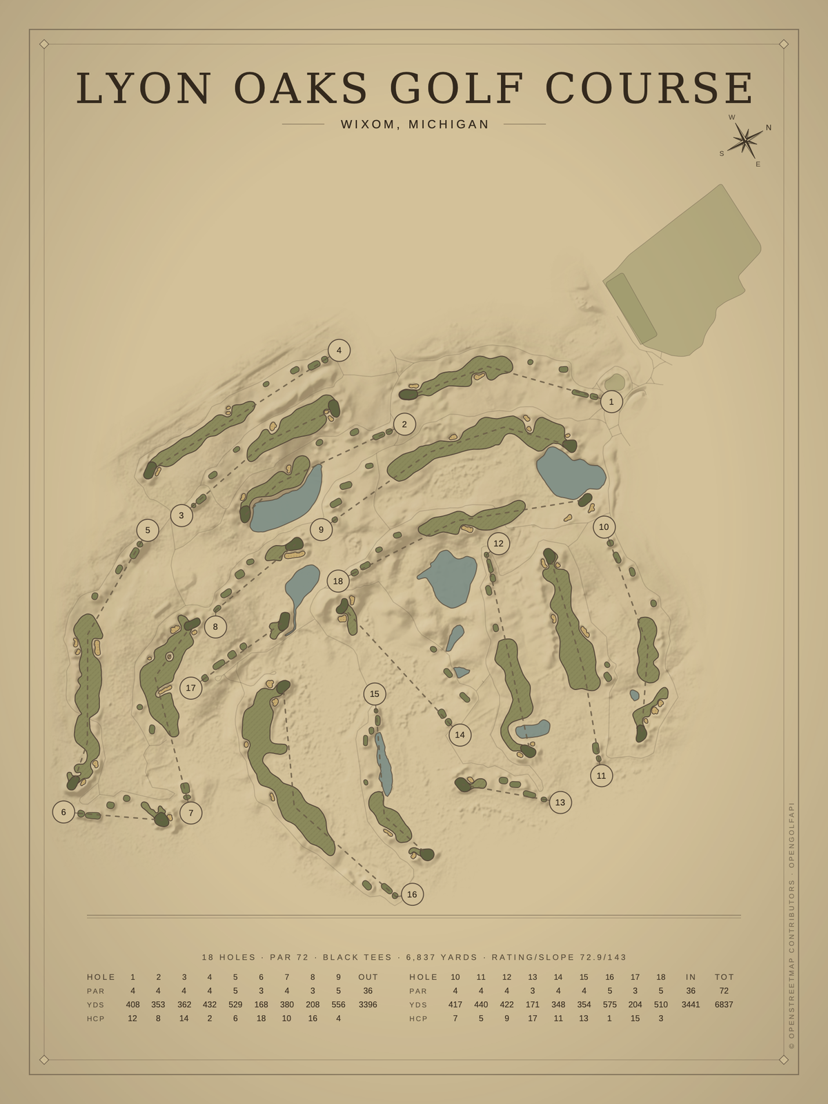 Lyon Oaks Golf Course map poster, Vintage style, 12×16 / 18×24