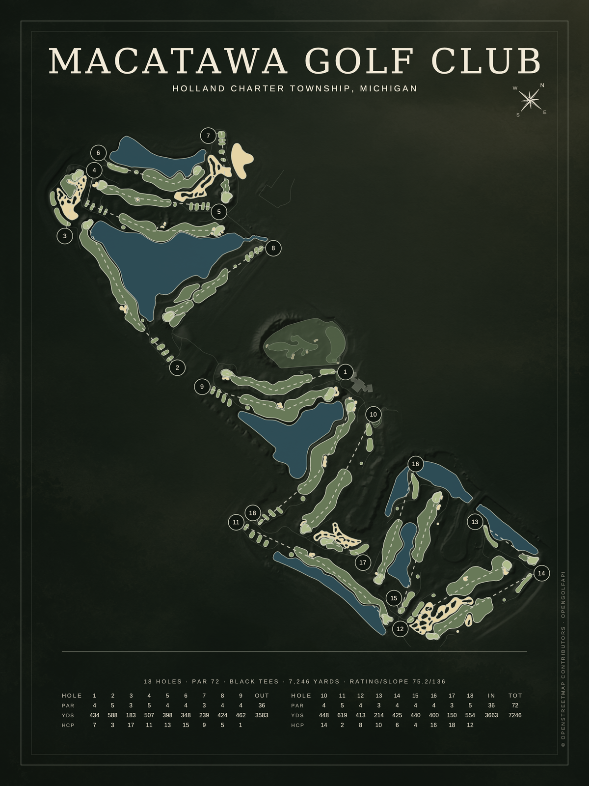 Macatawa Golf Club course map poster, Architectural style, 12×16 / 18×24