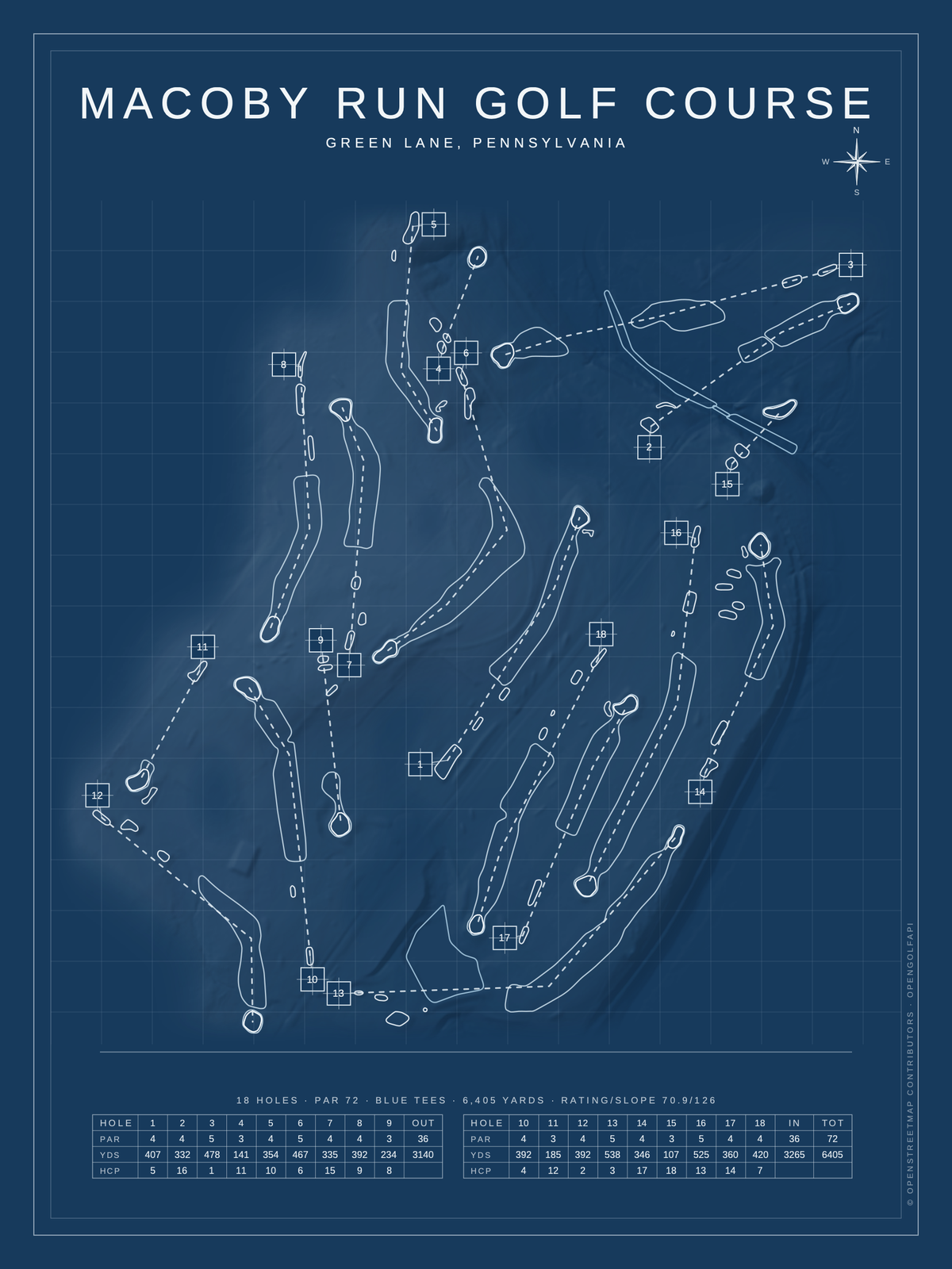 Macoby Run Golf Course map poster, Blueprint style, 12×16 / 18×24
