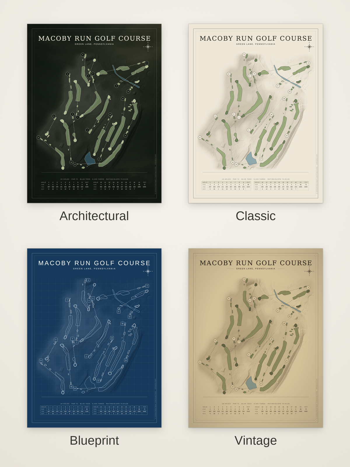 Macoby Run Golf Course map poster in four styles: Architectural, Classic, Blueprint and Vintage