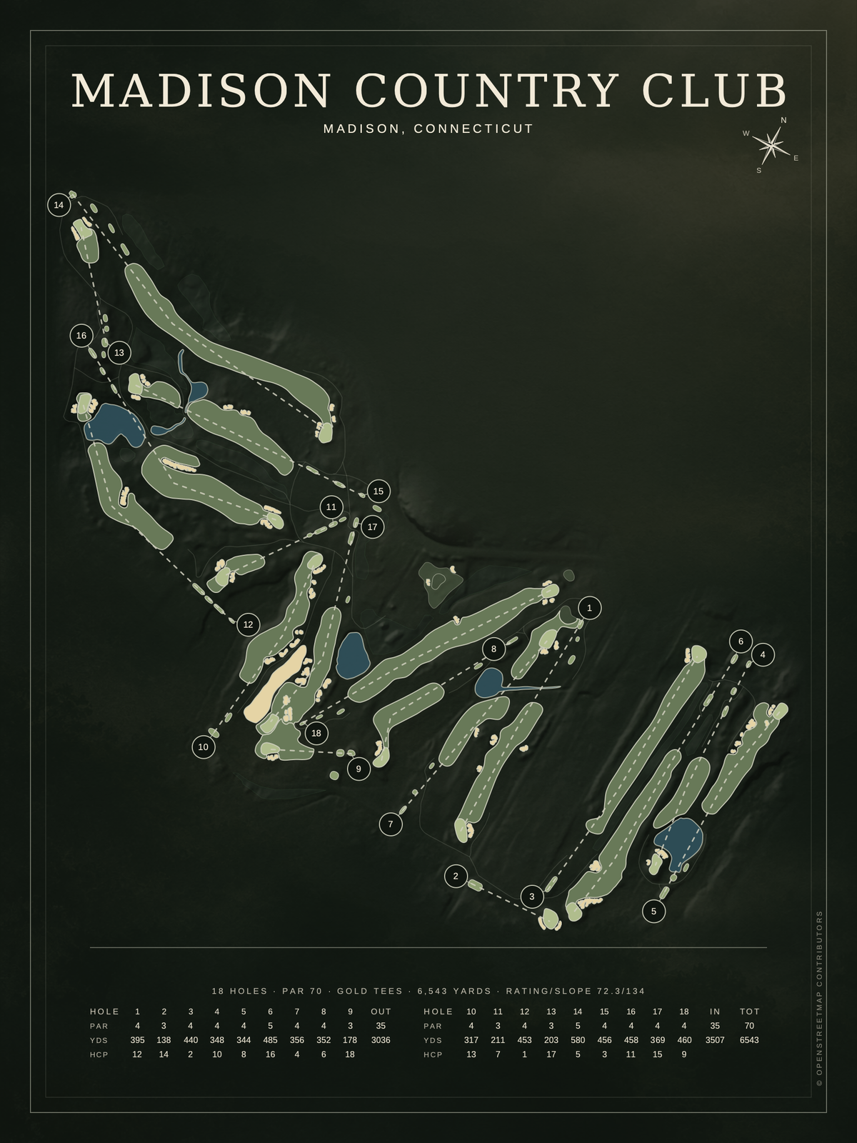 Madison Country Club course map poster, Architectural style, 12×16 / 18×24