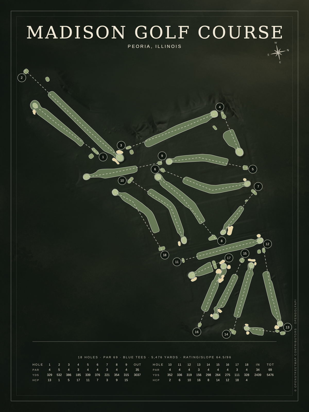Madison Golf Course map poster, Architectural style, 12×16 / 18×24
