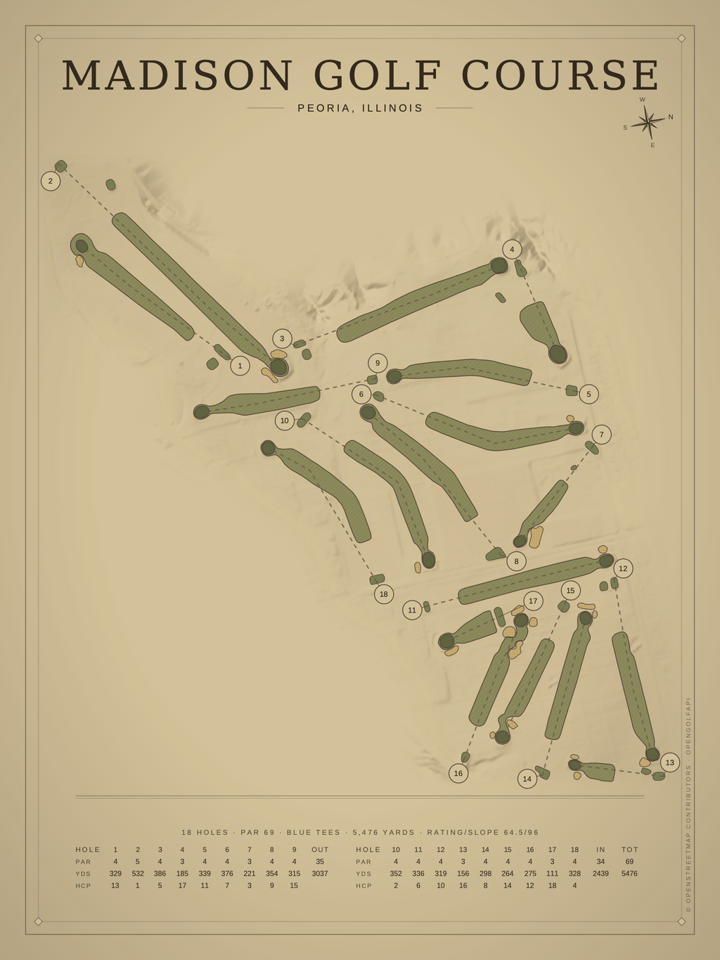 Madison Golf Course map poster, Vintage style, 12×16 / 18×24