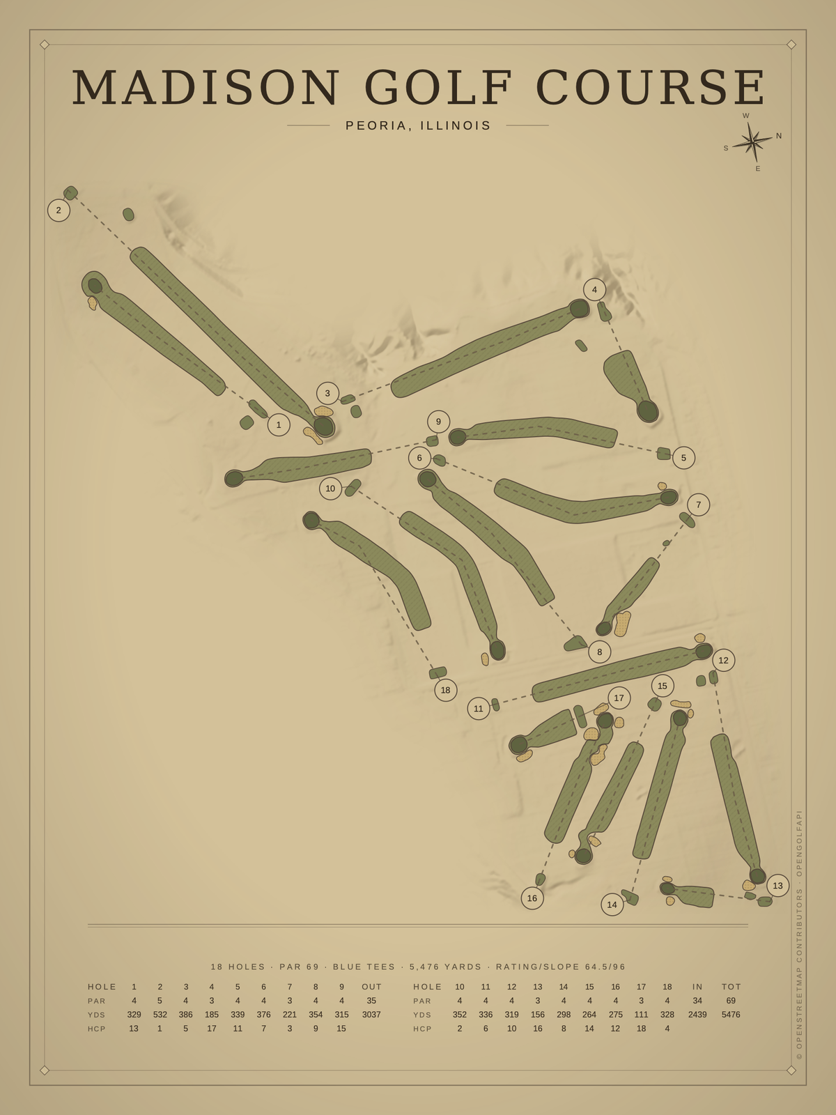 Madison Golf Course map poster, Vintage style, 12×16 / 18×24