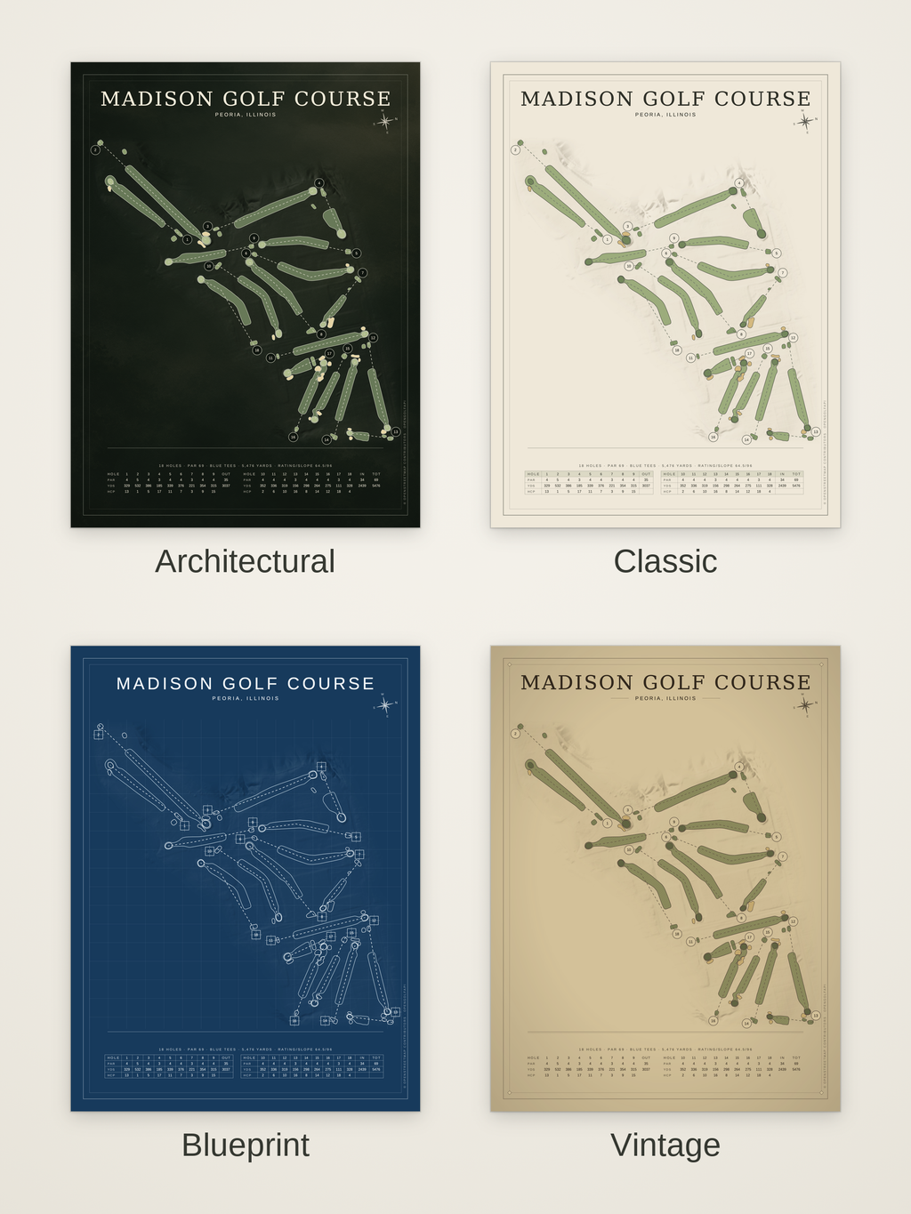 Madison Golf Course map poster in four styles: Architectural, Classic, Blueprint and Vintage