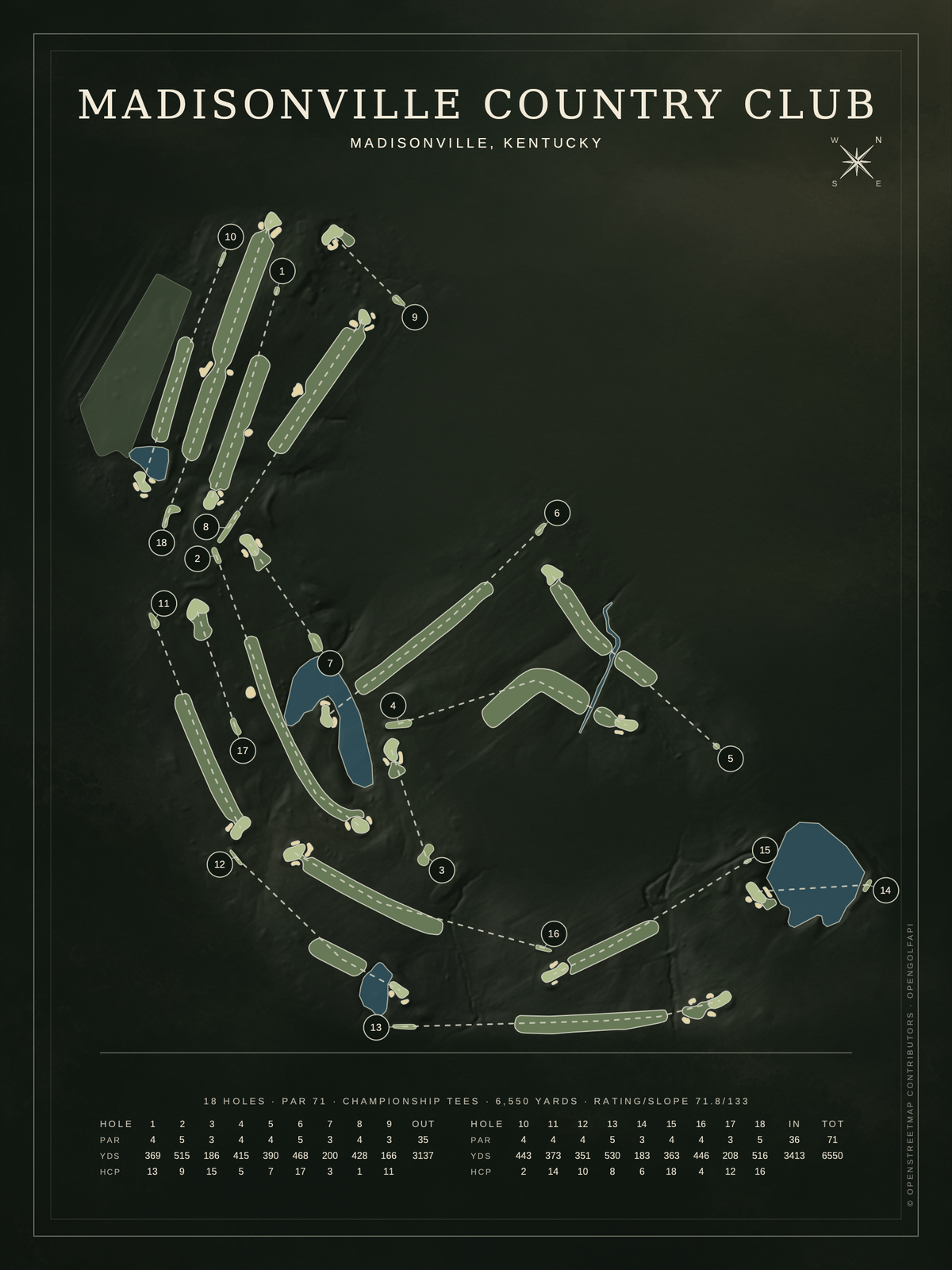Madisonville Country Club course map poster, Architectural style, 12×16 / 18×24