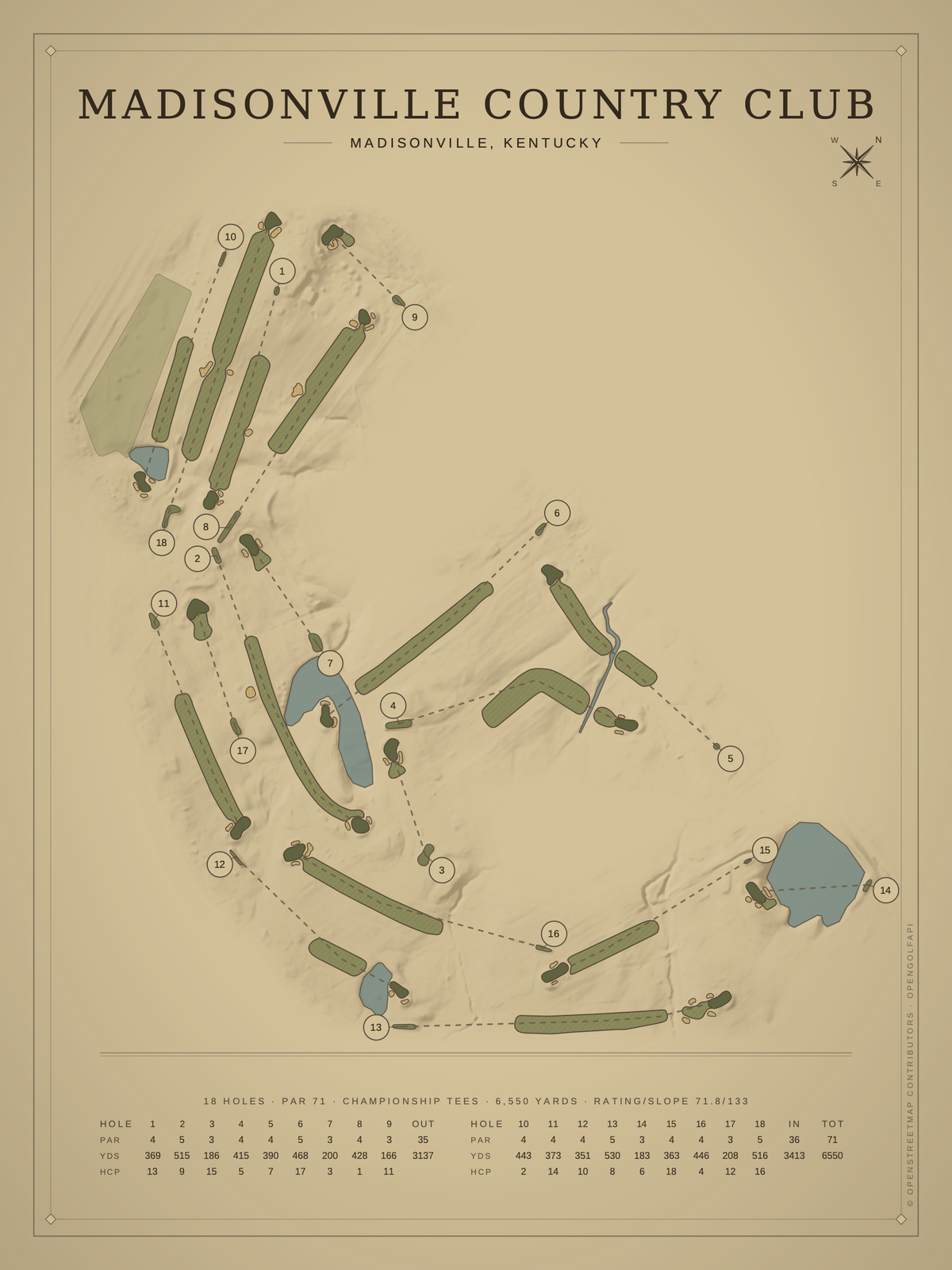 Madisonville Country Club course map poster, Vintage style, 12×16 / 18×24
