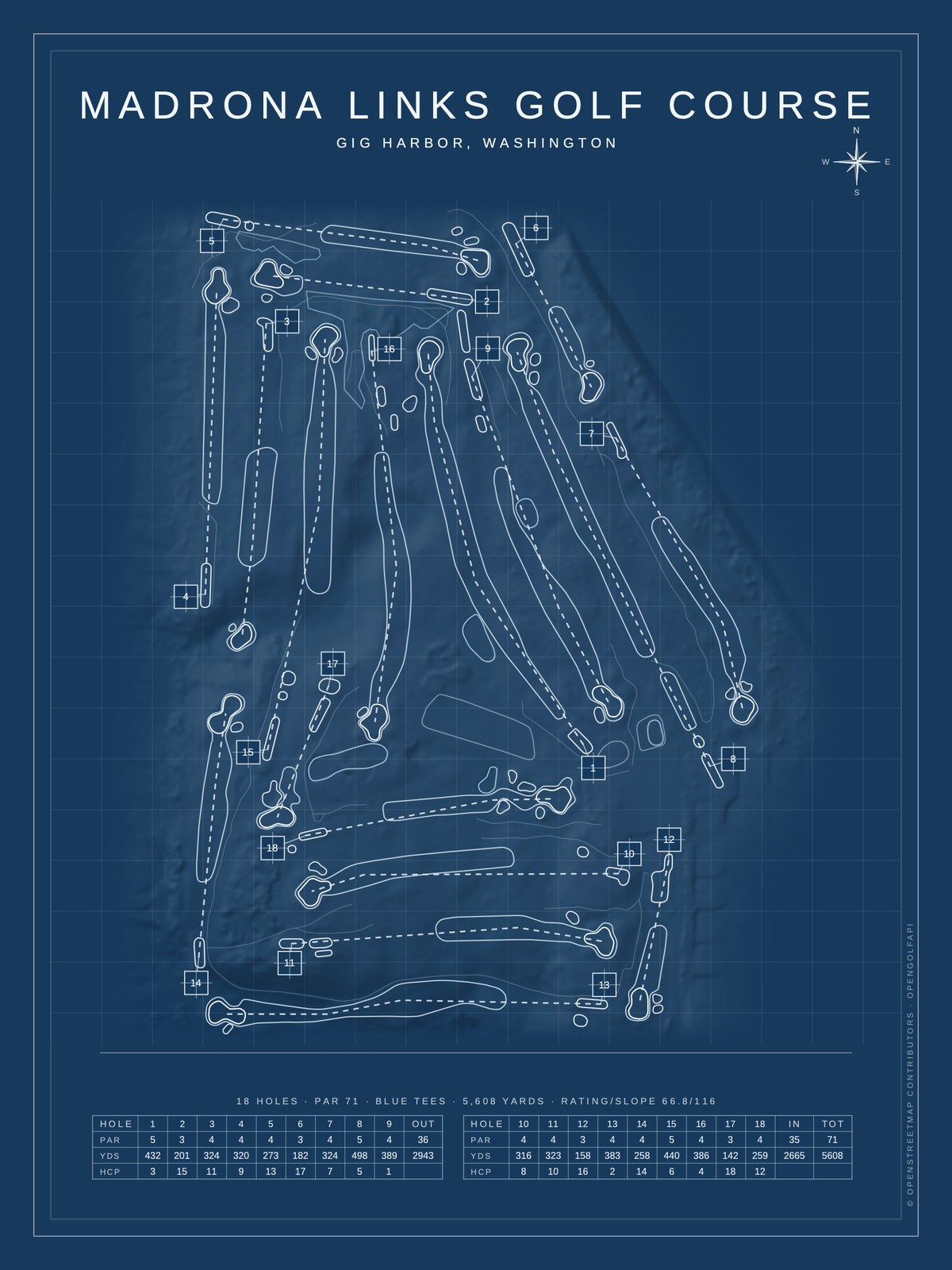 Madrona Links Golf Course map poster, Blueprint style, 12×16 / 18×24