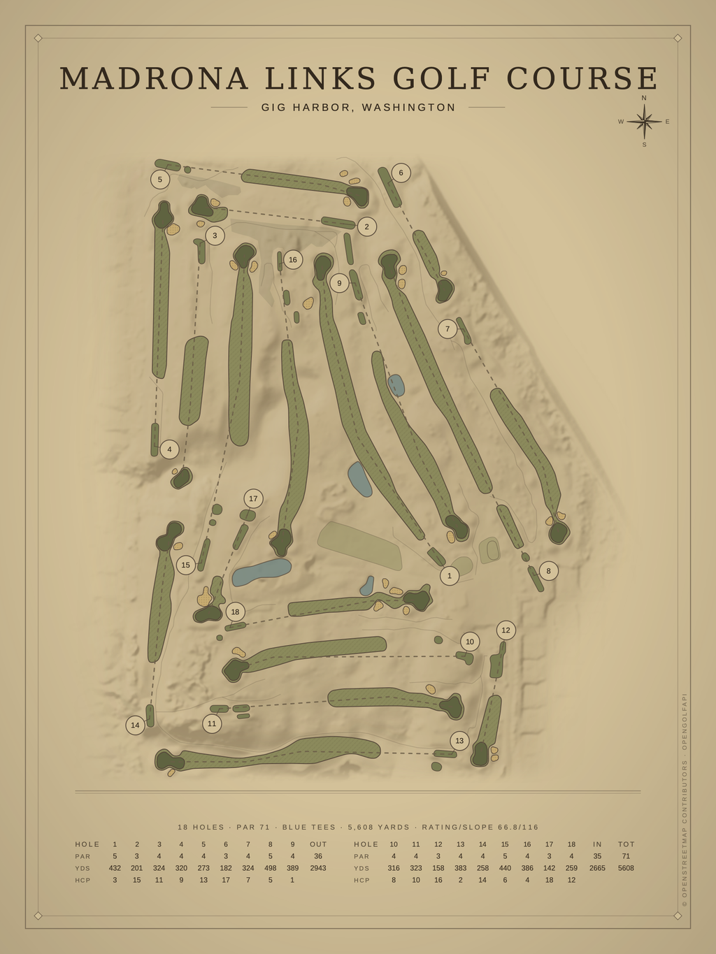 Madrona Links Golf Course map poster, Vintage style, 12×16 / 18×24